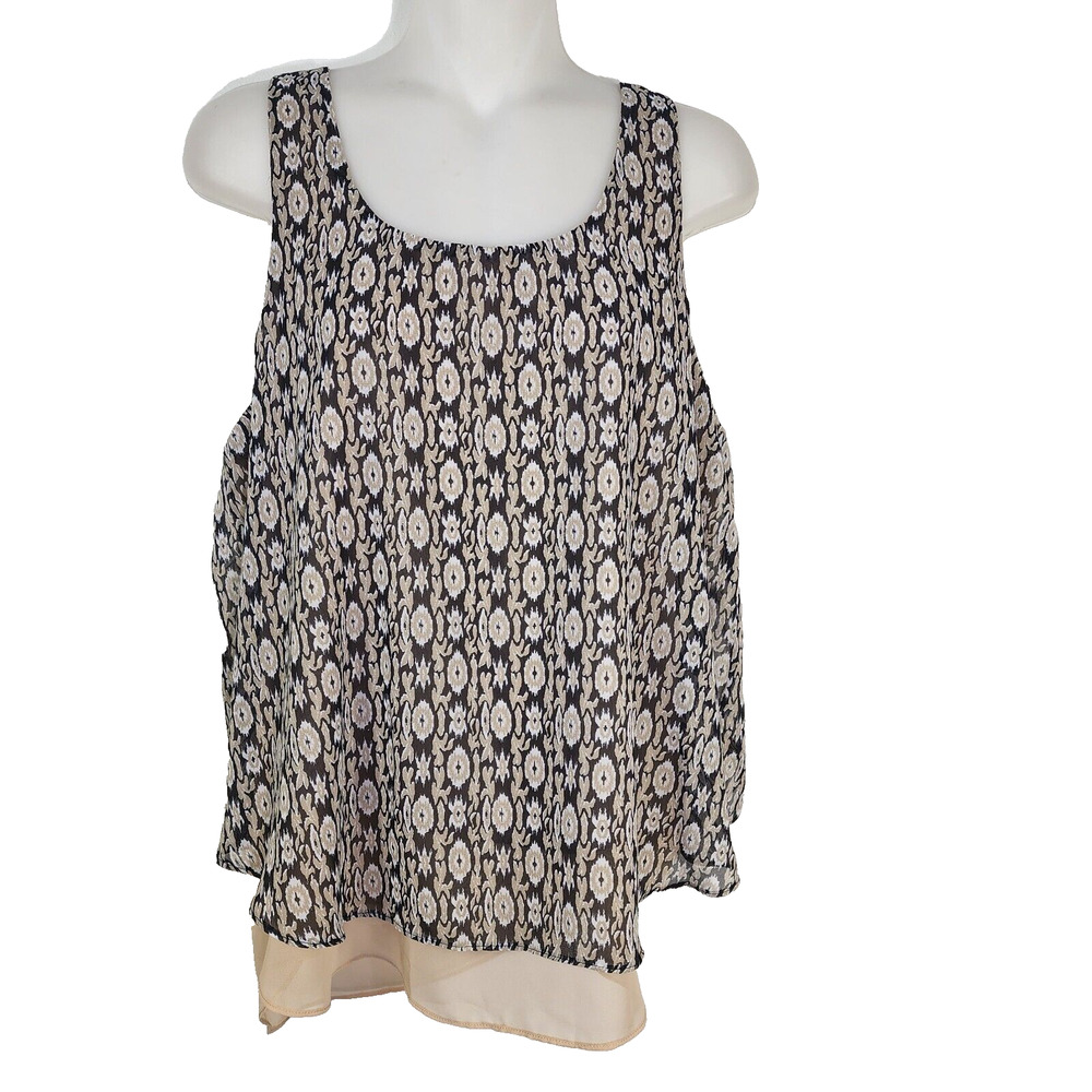 Maurices Tank Top Blouse Large Double Layer Black Tan Print Overlay Split Back